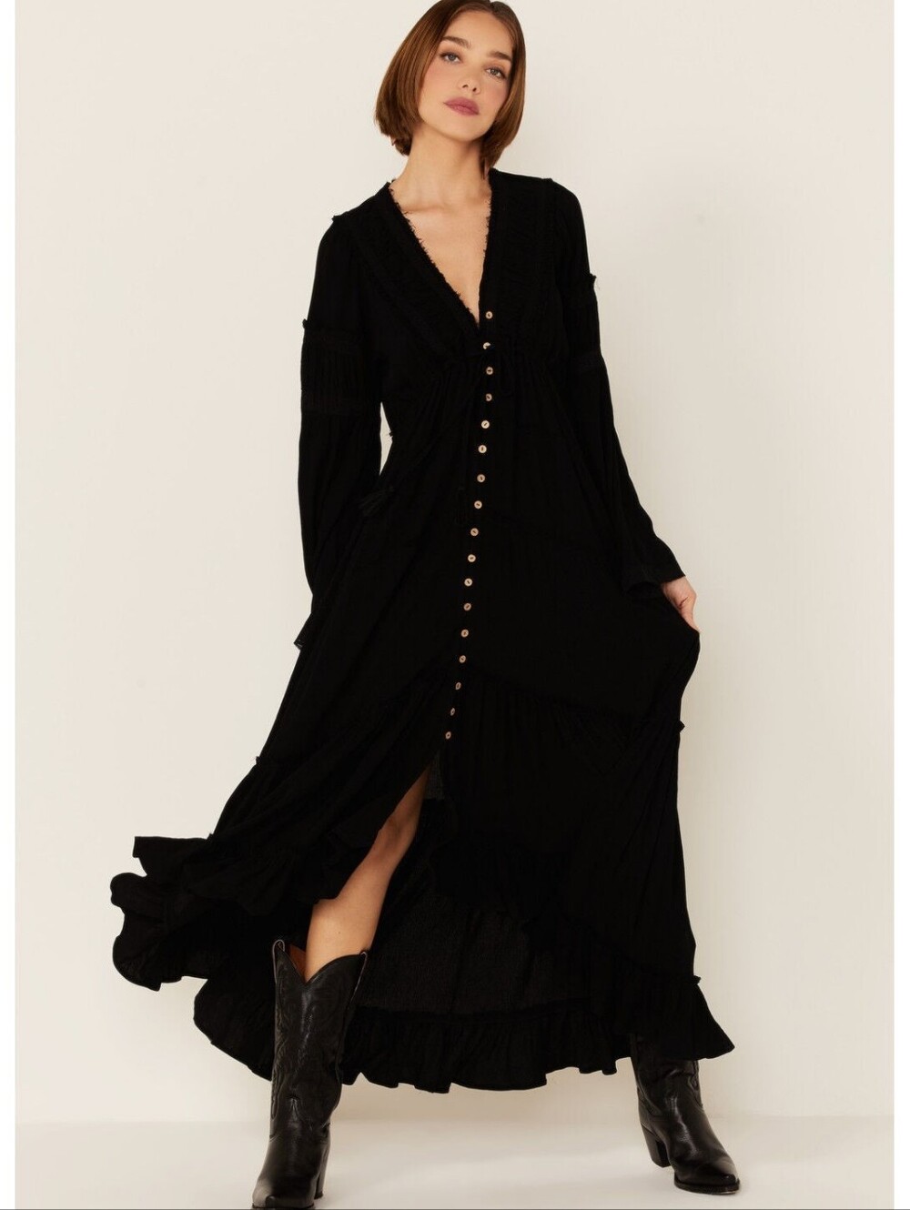 Miss Me Black Boho Tiered Maxi Dress Gauze Bell Sleeve Button Front XL